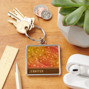 Brown Modern Floral Custom NameContact Key Ring