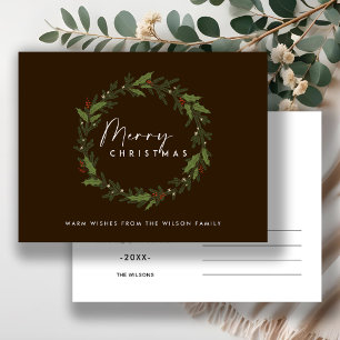 BROWN MODERN HOLLY BERRY WREATH MERRY CHRISTMAS HOLIDAY POSTCARD