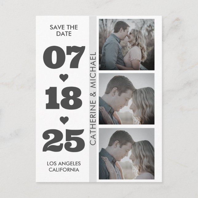 Brown Modern Minimalist Bold Date Three Photo  Postcard (Front)