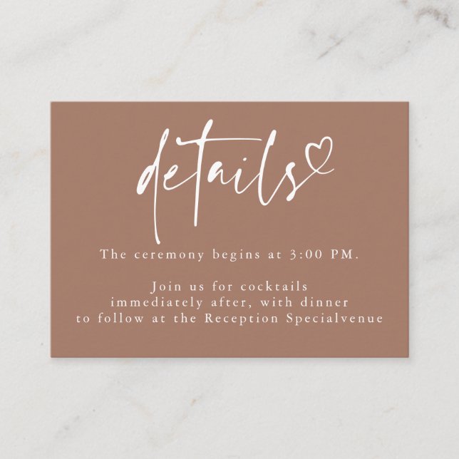 Brown Modern Minimalist Heart Wedding Details  Enclosure Card (Front)