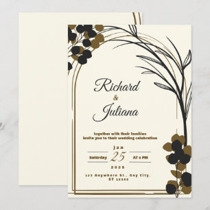 brown modern nature floral watercolor invitation
