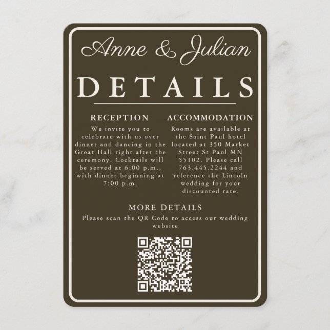 Brown Modern Wedding Details Card QR Code & photo (Front)