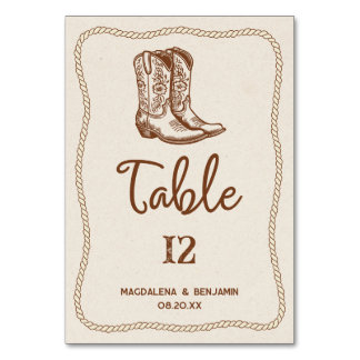 Brown Modern Western Cowboy Boots Rope Wedding Table Number