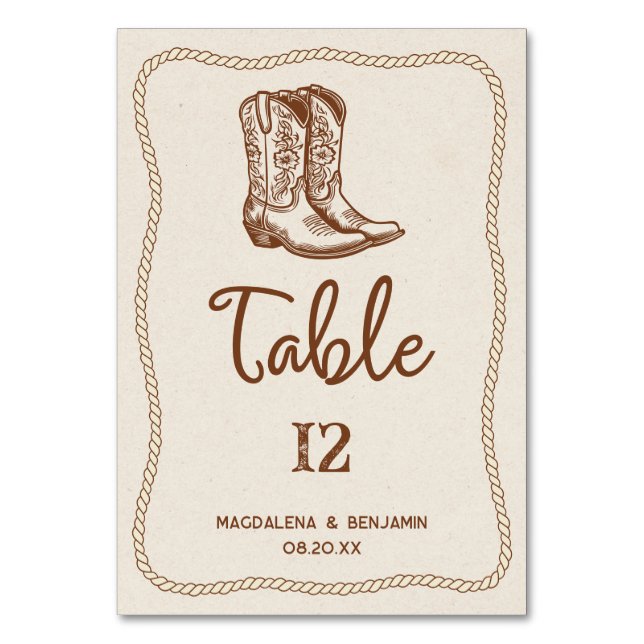Brown Modern Western Cowboy Boots Rope Wedding Table Number (Front)