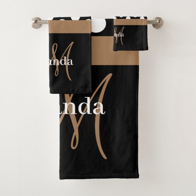 Brown Monogram Black White Polka Dot Bath Towel Set (Insitu)