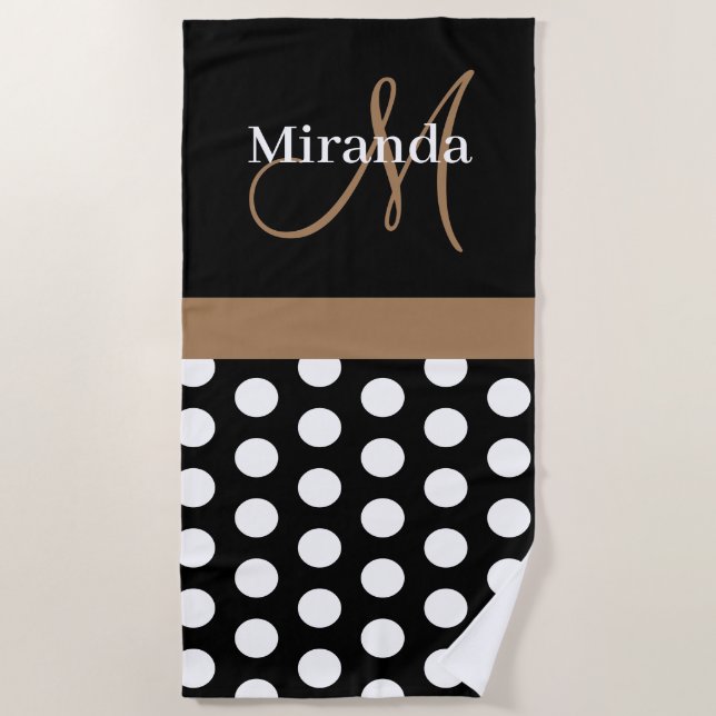 Brown Monogram Black White Polka Dot Beach Towel (Front)