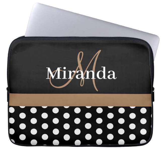 Brown Monogram Black White Polka Dot Laptop Sleeve (Front)