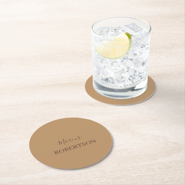 Brown monogram calligraphy minimalist professional round paper coaster (Insitu)