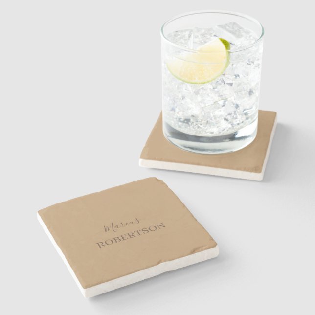 Brown monogram calligraphy minimalist professional stone coaster (Side)