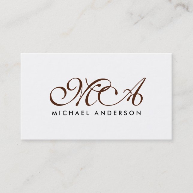 Brown Monogram Elegant Script Plain White Business Card (Front)