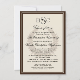 Brown Monogram Laurel Classic College Graduation Invitation