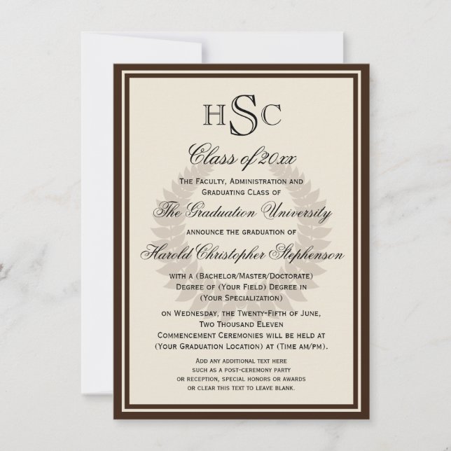 Brown Monogram Laurel Classic College Graduation Invitation (Front)