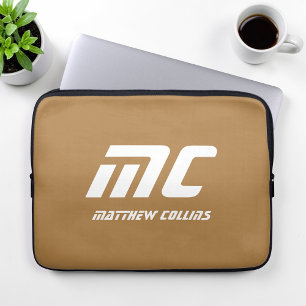 Brown Monogram Minimalist Name White Text for Him Laptop Sleeve