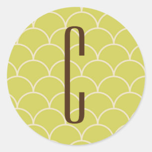Brown Monogram on Retro Green Pattern Classic Round Sticker