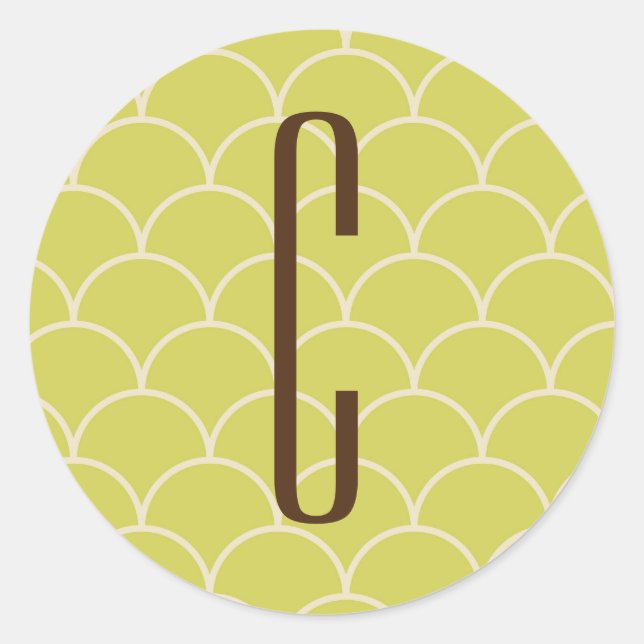 Brown Monogram on Retro Green Pattern Classic Round Sticker (Front)