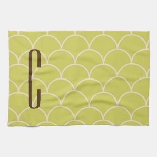 Brown Monogram on Retro Green Pattern Tea Towel
