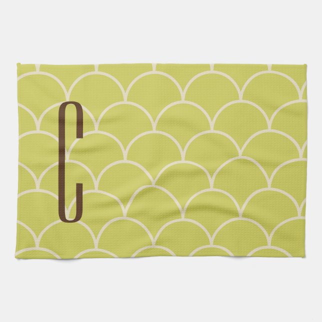 Brown Monogram on Retro Green Pattern Tea Towel (Horizontal)