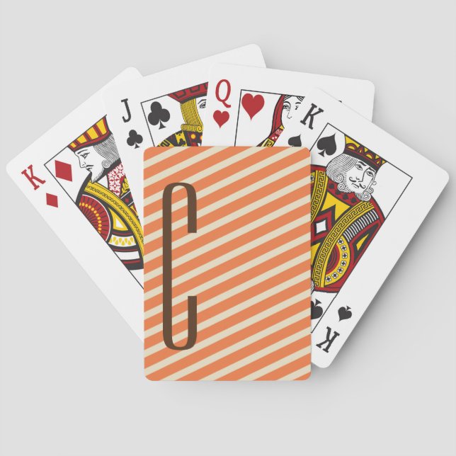 Brown Monogram on Retro Orange Diagonal Stripes Playing Cards (Back)