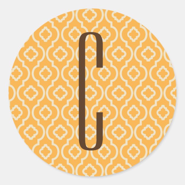 Brown Monogram on Retro Orange Pattern Classic Round Sticker (Front)