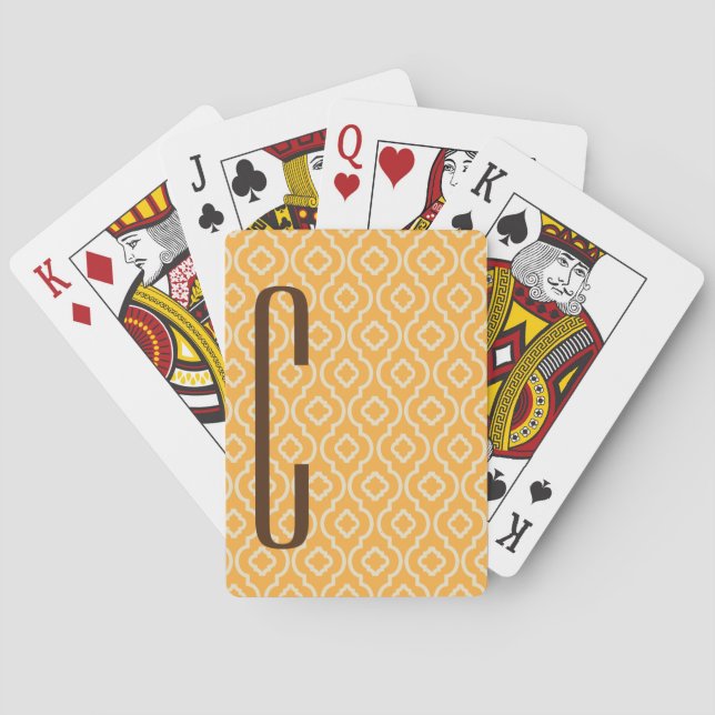 Brown Monogram on Retro Orange Pattern Playing Cards (Back)