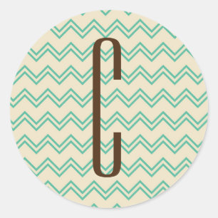 Brown Monogram on Turquoise Green Chevron Pattern Classic Round Sticker