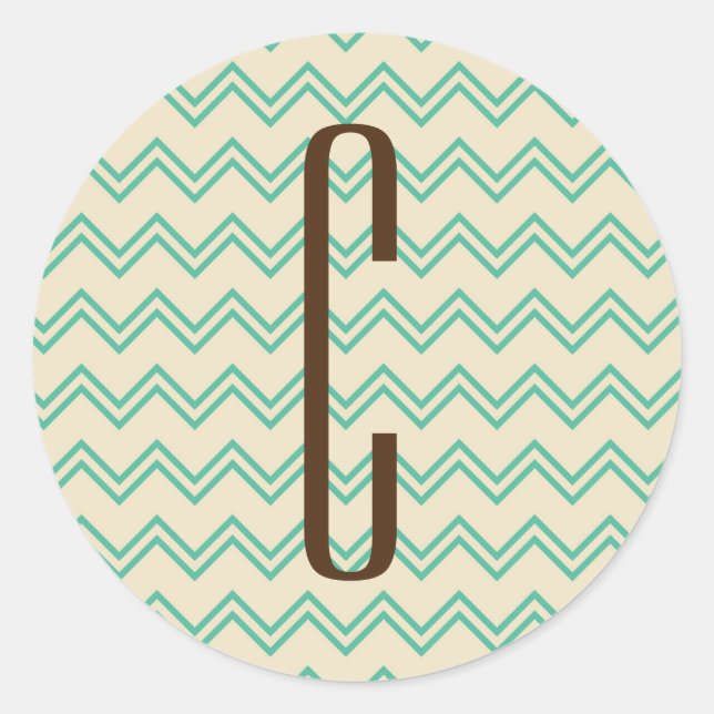Brown Monogram on Turquoise Green Chevron Pattern Classic Round Sticker (Front)