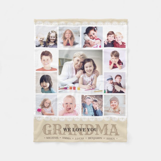 Brown Monogram Photo Collage Fleece Blanket (Front)