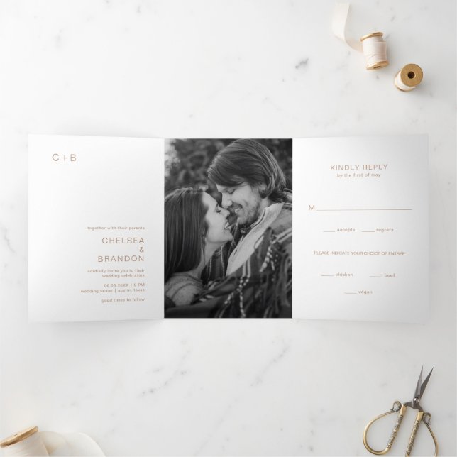 Brown Monogram Photo Modern Wedding Tri-Fold Invitation (Inside)