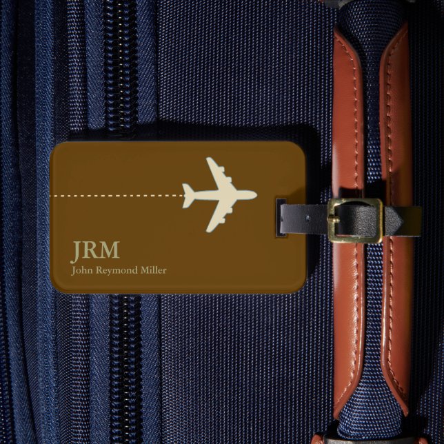 Brown Monogrammed Aeroplane Traveller Luggage Tag (Front Insitu 4)