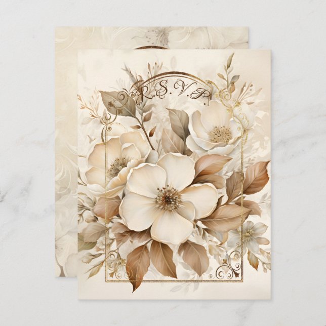 Brown Monotone and White Roses Gold Frame RSVP Card (Front/Back)