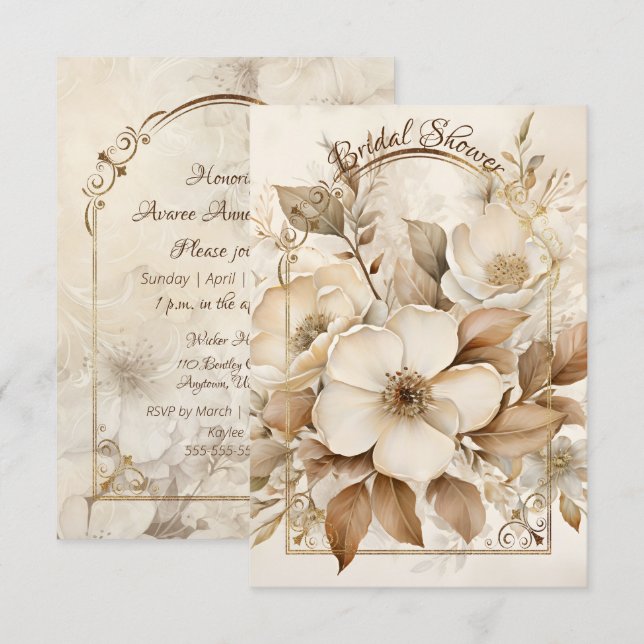 Brown Monotone and White Roses Gold Frame Save The Date (Front/Back)