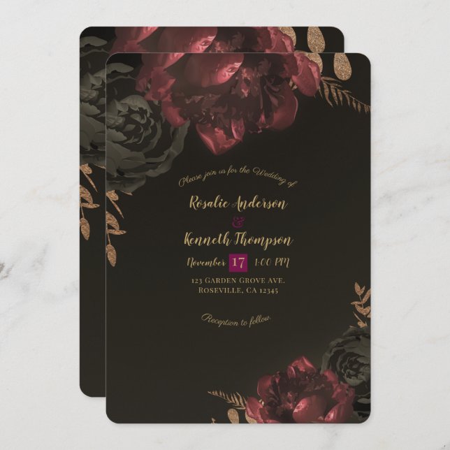 Brown Moody Dark Floral Gold Greenery Wedding Invitation (Front/Back)