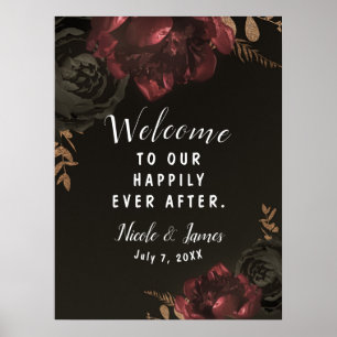 Brown Moody Dark Floral Gold Greenery Wedding Sign