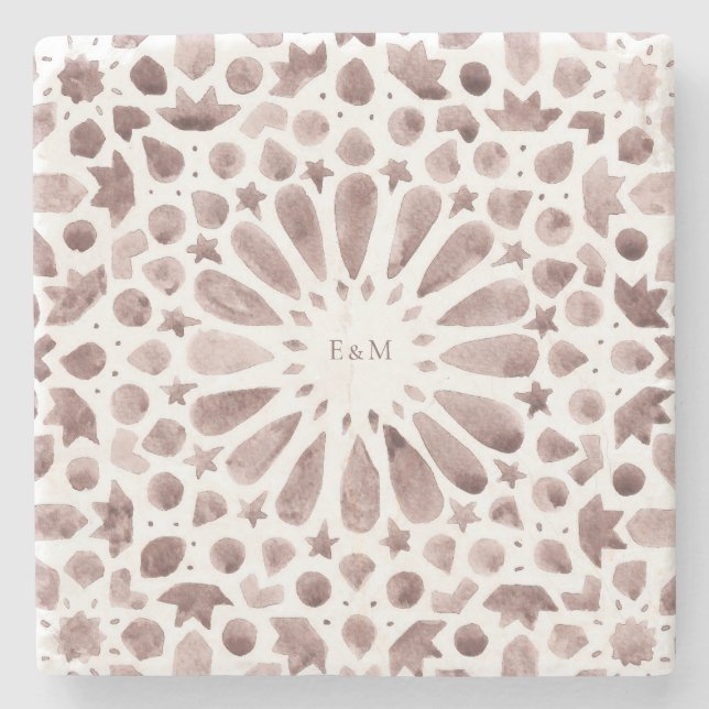 Brown Moroccan Tiles Monogram Wedding Cloth Napkin Stone Coaster (Front)