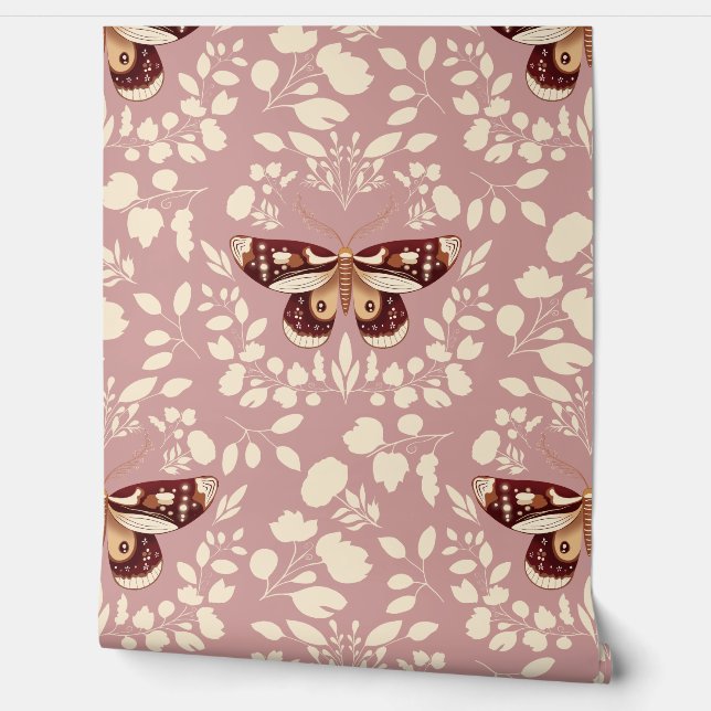 Brown Moth & Cream Foliage Wallpaper (Unrolling)