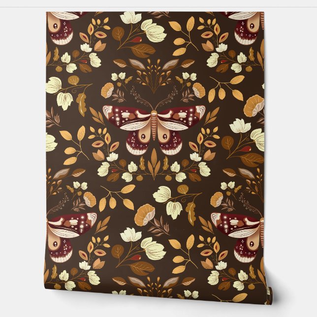 Brown Moth & Floral Wallpaper Dark Brown Wallpaper (Unrolling)