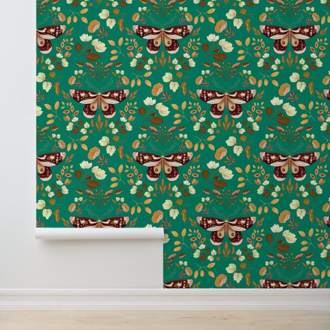 Brown Moth & Floral Wallpaper – Green Wallpaper (Application)