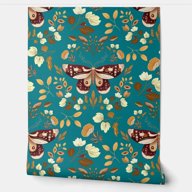 Brown Moth & Floral Wallpaper on Striking Teal (Unrolling)