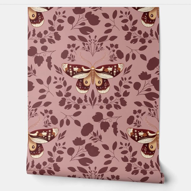 Brown Moth & Foliage Wallpaper on Pink (Unrolling)