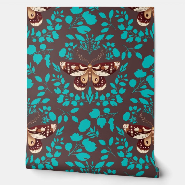 Brown Moth & Teal Foliage Wallpaper Rich Brown (Unrolling)