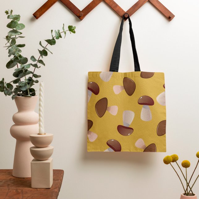 Brown Mushroom Pattern on Mustard Yellow Tote Bag (Creator Uploaded)