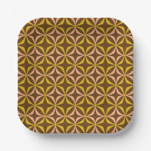 Brown Mustard Peach Retro 70s Geometric Pattern Paper Plate