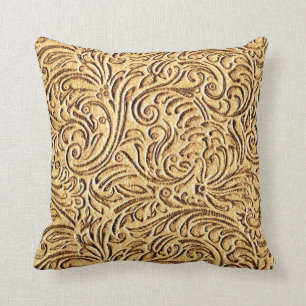 Brown Mustard Vintage Floral Scrollwork Rustic Cushion