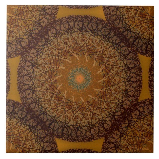 Brown Mustard Yellow Boho Mandala 70s Inspired Tile (Front)