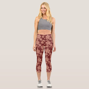 Brown Muted Floral Abstract Pattern Capri Leggings