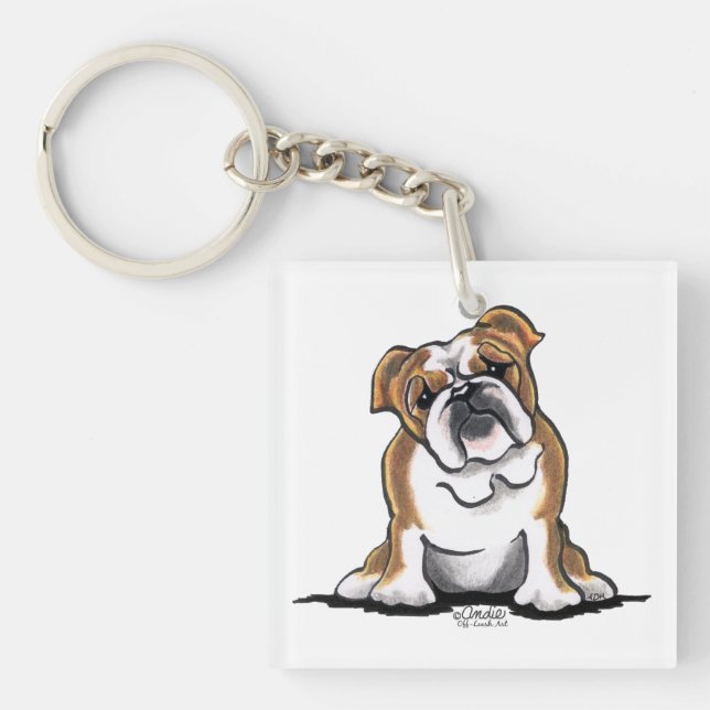 Brown n White English Bulldog Sit Pretty Key Ring (Front)