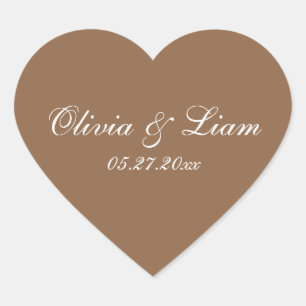 Brown Name Date Elegant Wedding Heart Sticker