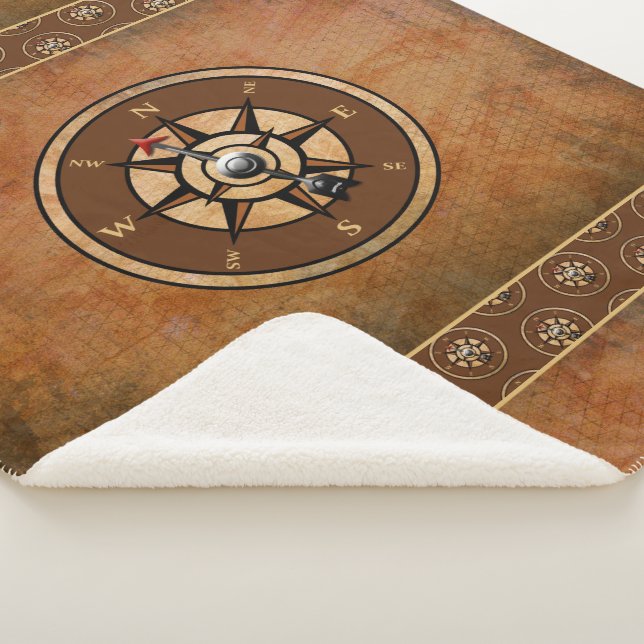 Brown Nautical Compass Pattern Sherpa Blanket (3/4)