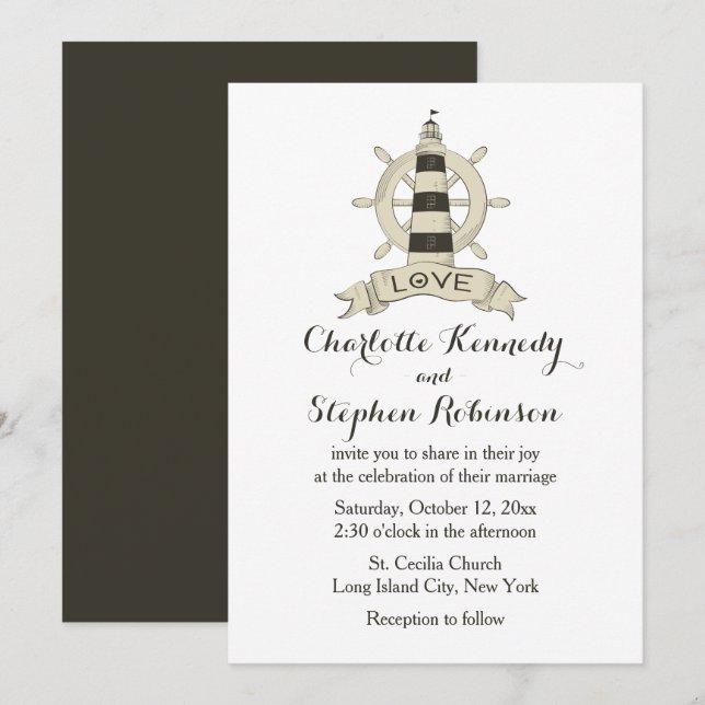 Brown Nautical Lighthouse Ship Wheel Wedding Beach Invitation (Front/Back)