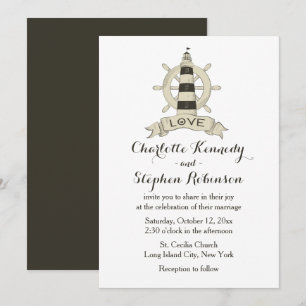 Brown Nautical Lighthouse Ship Wheel Wedding Beach Invitation